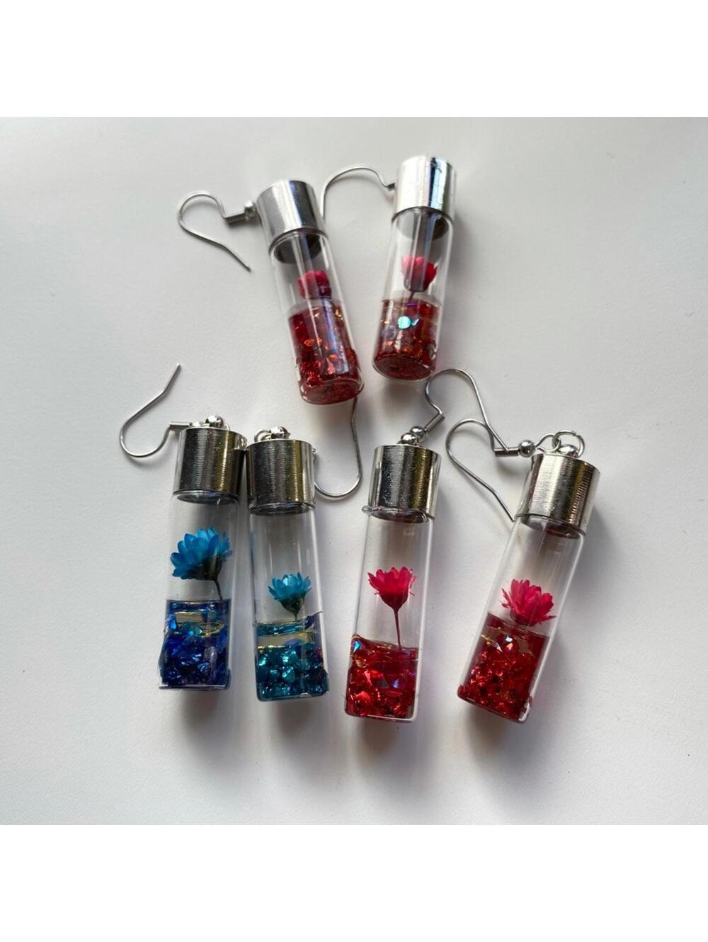 Mini Glass Bottle Dangle Earrings Pink Blue Whimsical Wish Bottle Flowers x3
